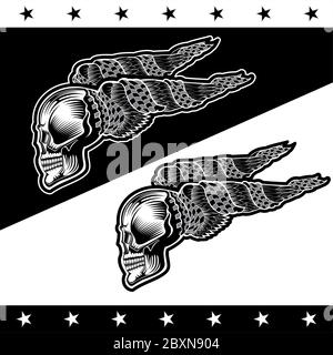 Skull side view with wings and checkered flags. Vintage design for repair service on white and black background Stock Vector