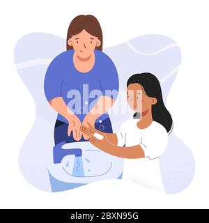 Girl washing hands with soap with her mother or nanny showing how to wash hands properly together with adult, kindergarten scene, hygiene protection Stock Vector
