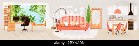 Vector flat set of home living and work interiors - Living room interior, kitchen, office work place, Comfortable sofa, desk, window, chair and house Stock Vector