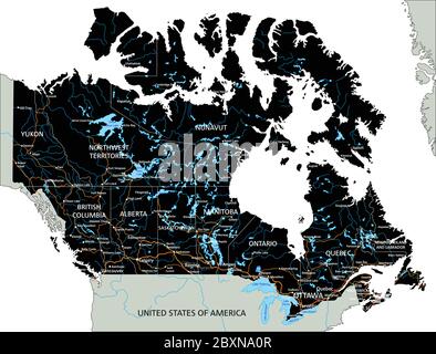 High detailed Canada road map with labeling. Stock Vector