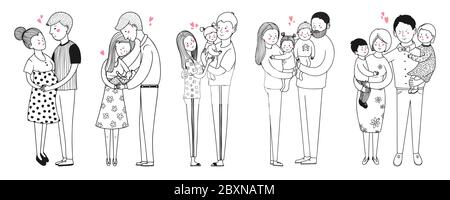 Set of different families. Parents with children, parents with a newborn, pregnant woman. Vector illustration Stock Vector