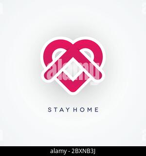 Stay home coronavirus pandemic concept design. Covid-19 epidemic social isolation ribbon icon with abstract heart shape on white background. Stock Vector