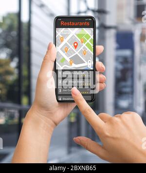Woman searching for restaurant based on geolocation, using GPS navigation service on mobile phone. Collage Stock Photo