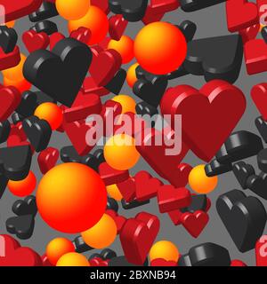 Red Black Hearts and Balls on Gray Seamless Pattern Stock Vector