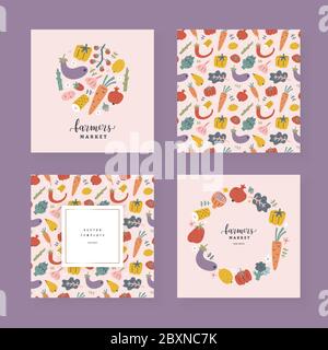 Vegetables card set, collection of vector templates with illustrations of various fruits and veggies, design for invitation, farmers market poster or Stock Vector