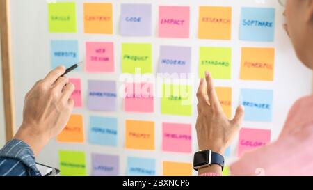 Business people meeting at office and use sticky notes on glass wall in office, diverse employees people group planning work together brainstorm strat Stock Photo