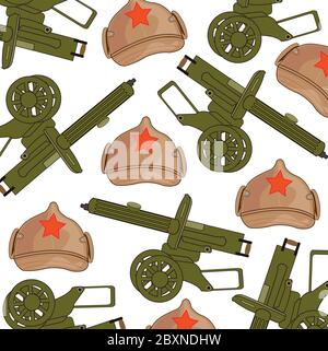 Machine gun soviet and hat decorative pattern Stock Vector