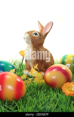 Easter bunny with eggs on a meadow Stock Photo