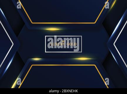 Abstract dark gradient blue hexagonal with gold and silver template design background. Use for ad, poster, artwork, template design. illustration Stock Vector
