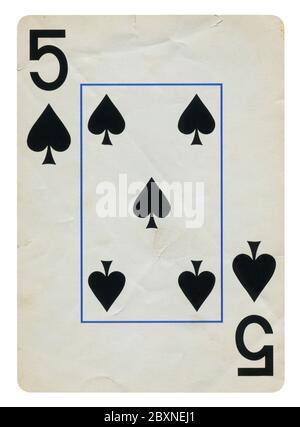 Five of Spades Vintage playing card - isolated on white (clipping path included) Stock Photo