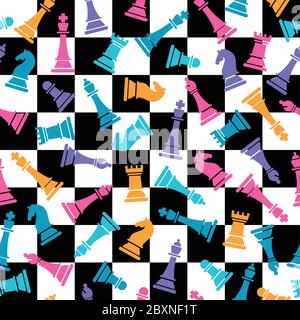 Seamless vector pattern with colored chess on checkered chess background. Chess pieces seamless print. Vector illustration set of chess pieces Stock Vector