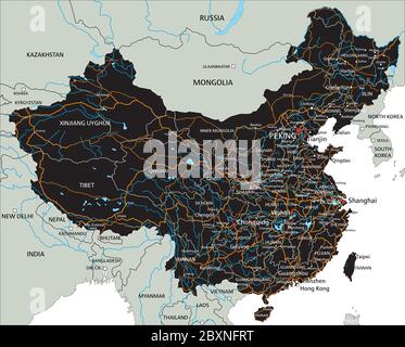 High detailed China road map with labeling. Stock Vector