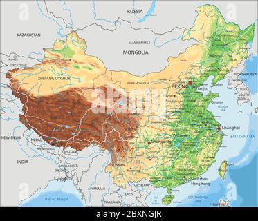 High detailed China physical map with labeling. Stock Vector