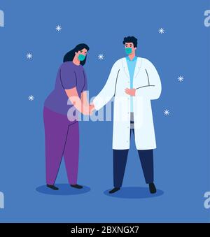 woman and doctor wearing face mask against covid 19, coronavirus disease, health care and safety Stock Vector