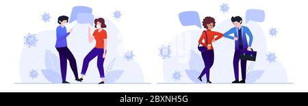 Elbow bump and foot tap greeting concept. Social distancing. Avoid the spread of coronavirus.  Stock Vector