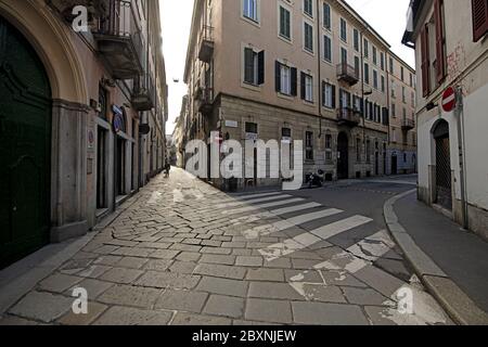 Empty streets of downtown Milan due to the pandemic of the Covid-19, Stock Photo