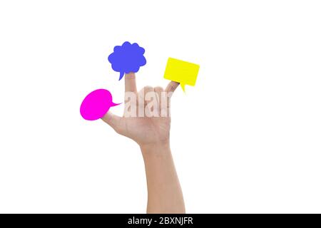 Three speech bubbles on hand fingers isolated on white background, with clipping path. Stock Photo