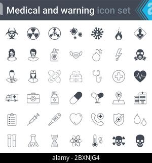 Medical, warning and hospital stroked icons. High quality hazard, danger and medical symbols and elements. Virus warning, protection and health care. Stock Vector