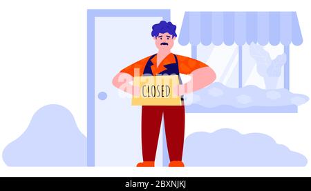 Unhappy man is staying near the closed door. Store shop or cafe is bankrupt and closed. Stock Vector