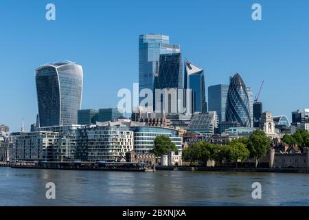 A view from the South Bank of the City of London, Britain's financial district with its many famous skyscrapers. Stock Photo