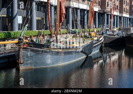 Old Thames sailing barges in St. Katherine Dock Marina. Stock Photo