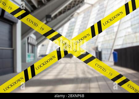Closing sports arena areas for visiting Dangerous tapes or warning tapes.  Stock Photo