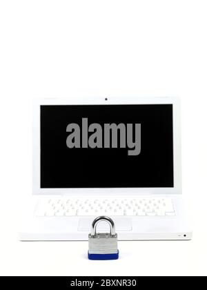 A laptop computer and a padlock isolaterd against a white background higlighting computer security Stock Photo