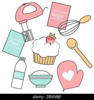 Cute baking kitchen icons doodle vector set with cupcake Stock Vector