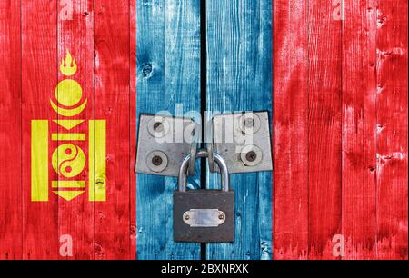 Mongolia flag on door with padlock Stock Photo