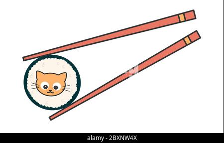 Cute cartoon japanese sushi roll with cat funny vector illustration Stock Vector