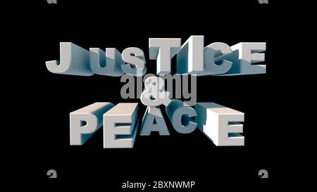 Lettering in big white letters JUSTICE PEACE on a black background 3d rendering Stock Photo