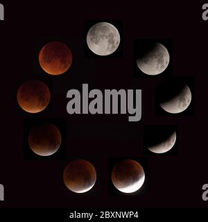 Sequential series of images showing development of the total lunar eclipse of a supermoon, a blood moon, London, 2015 Stock Photo