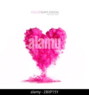 Template design with cloud of pink ink heart shaped isolated on white. Texture of acrylic ink in water. Color explosion.