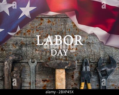 LABOR DAY. Hand tools lying on the table Stock Photo
