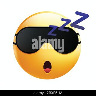 High quality emoticon isolated on a white background.Sleeping mask emoji.Yellow face smiley emoji sleeping.Popular chat element. Trending emoticon. Stock Vector