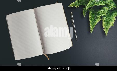 above view of opened notebook with blank pages on dark desk with pen and potted plant Stock Photo