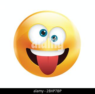 High quality emoticon vector on yellow gradient background. Happy emoji with eyes.Yellow face with crazy eyes.Tongue emoji.Silly emoji. Stock Vector