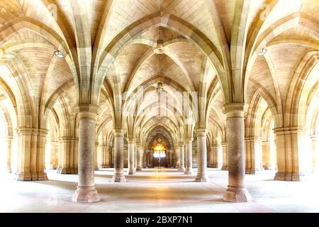 Sunlight streams into the historic Cloisters of Glasgow University. Subtle HDR processing. Stock Photo
