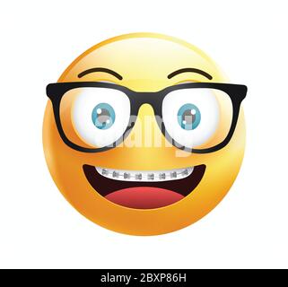 High quality emoticon on white background.glasses emoji with braces.Yellow face geeky emoji vector illustration.Nerd emoji. Stock Vector