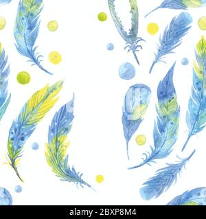 Watercolor seamless boho pattern with feathers. Hand Drawn vector Illustration on white background. Stock Vector