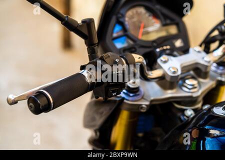 Detail of turn button on custom motorcycle in Bucharest, Romania, 2020 Stock Photo