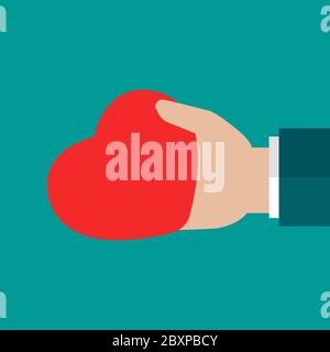 Hand holding red heart on blue background. charity, philanthropy, giving help, love concept. Flat vector illustration. Stock Vector
