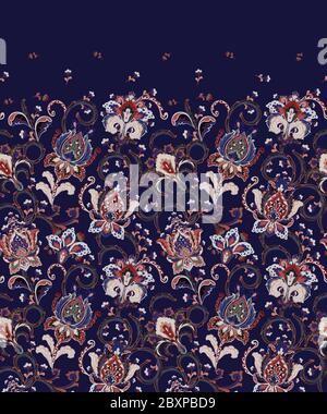 Seamless lace pattern with fantastic flowers. Traditional ethnic ornament. Vector print. Use for wallpaper, pattern fills,textile design. Dark blue. Stock Vector