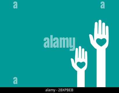 Horizontal blue background with hands holding hearts. charity, philanthropy, support, giving, help, love concept. Flat vector illustration. Stock Vector