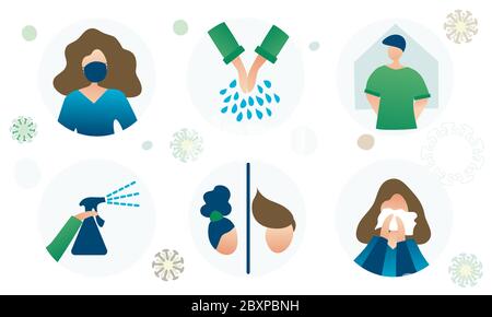 Coronavirus Covid-19 set of prevention icons. Wear mask. Wash your hands. Stay home. Disinfection.No contacts. Flat vector illustration. Stock Vector