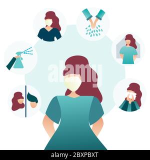 Woman showing how to protect yourself from the new Coronavirus Covid-2019. Icons of advice for the public. Flat vectors design. Stock Vector