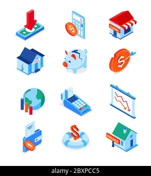 Economic crisis - modern colorful isometric icons set Stock Vector