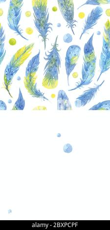 Watercolor seamless boho pattern with feathers. Hand Drawn vector Illustration on white background. Stock Vector