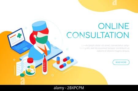 Online consultation - modern colorful isometric web banner Stock Vector