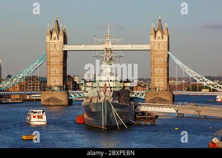 Tower Bridge and HMS Belfast on the River Thames, London, United Kingdom Stock Photo